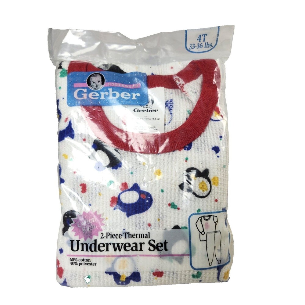 Vintage Gerber Baby Toddler 2-Piece Thermal Pajama Set‎ 4T  Penguin Theme NEW